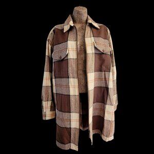 Lauren Ralph Lauren  Plaid Flannel Long Shacket Brown/Beige Front Zipper